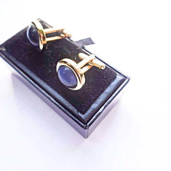 Vintage Royal Blue Glass Domed Gold Tone Cufflinks - Picture 1 of 3